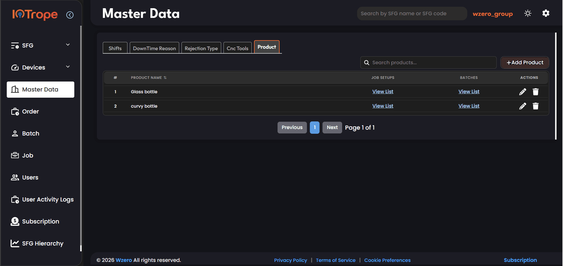 Master Data Product tab showing Glass bottle and curvy bottle with View List links for Job Setups and Batches