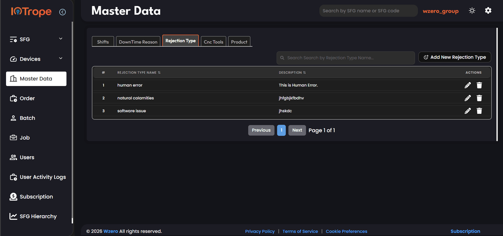 Master Data Rejection Type tab showing three entries: human error, natural calamities, and software issue with descriptions